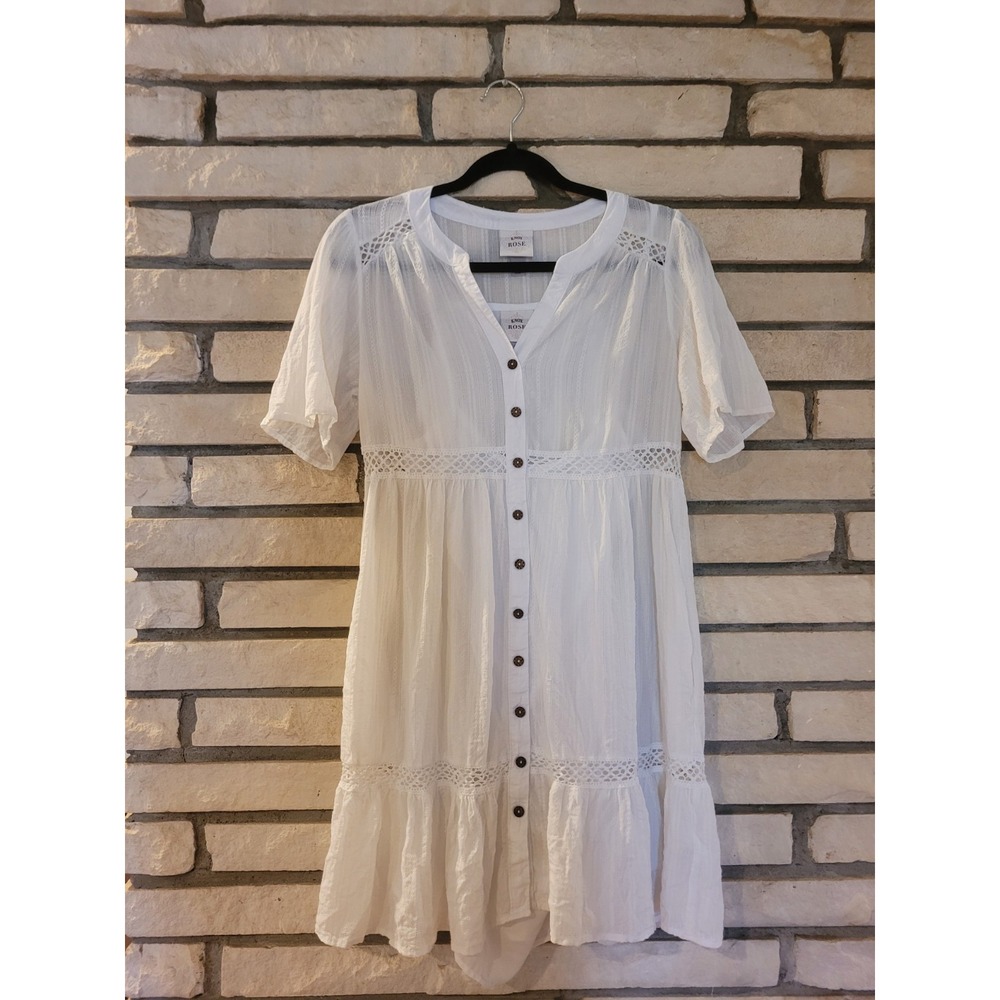 Knox Rose Dress Womens Sz S White Boho Knee-length Lace Trim Cottagecore Buttons